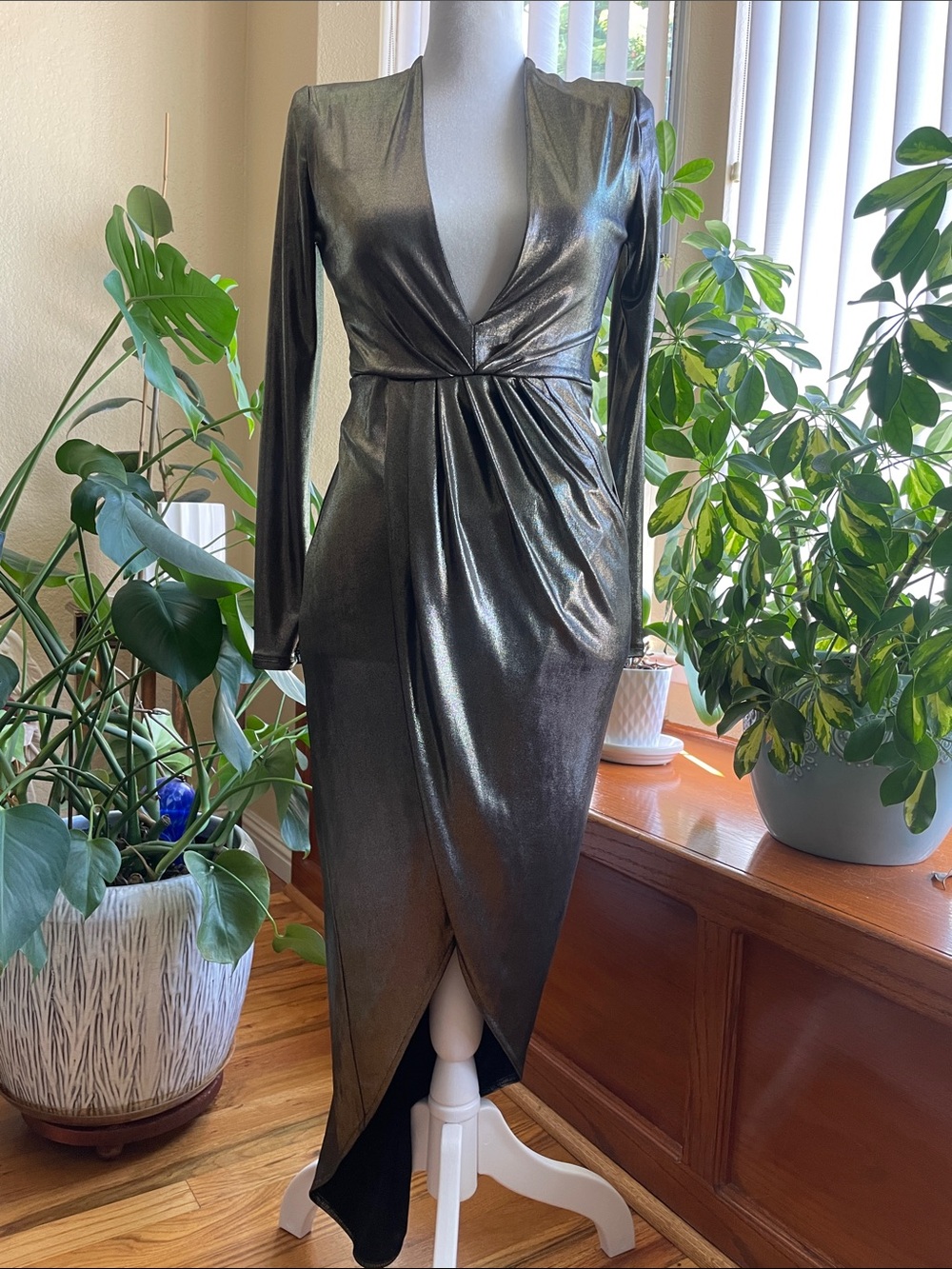 Express Metallic Gold Long Sleeve Faux Wrap Midi Dress NWT